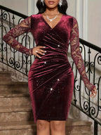 Women'S Elegant Temperament Velvet Lace Spliced Party Dress - Burgundy