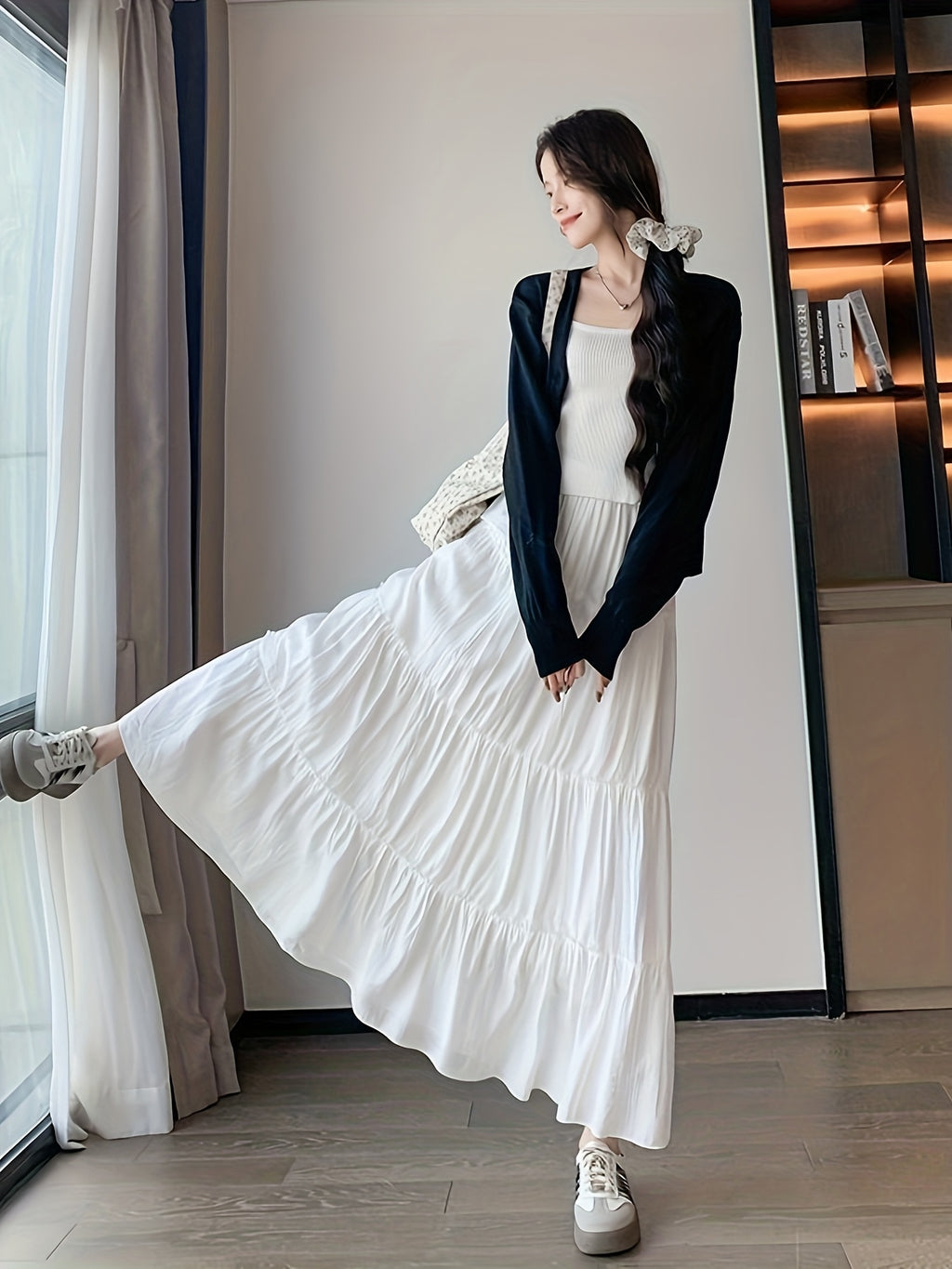 Fashion White French Long Skirt Elastic Adjustable Waistband A-Line Design with Lining Anti-Exposure Half Skirt Women'S - White