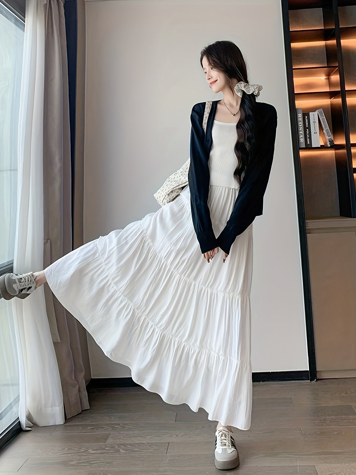 Fashion White French Long Skirt Elastic Adjustable Waistband A-Line Design with Lining Anti-Exposure Half Skirt Women'S - White