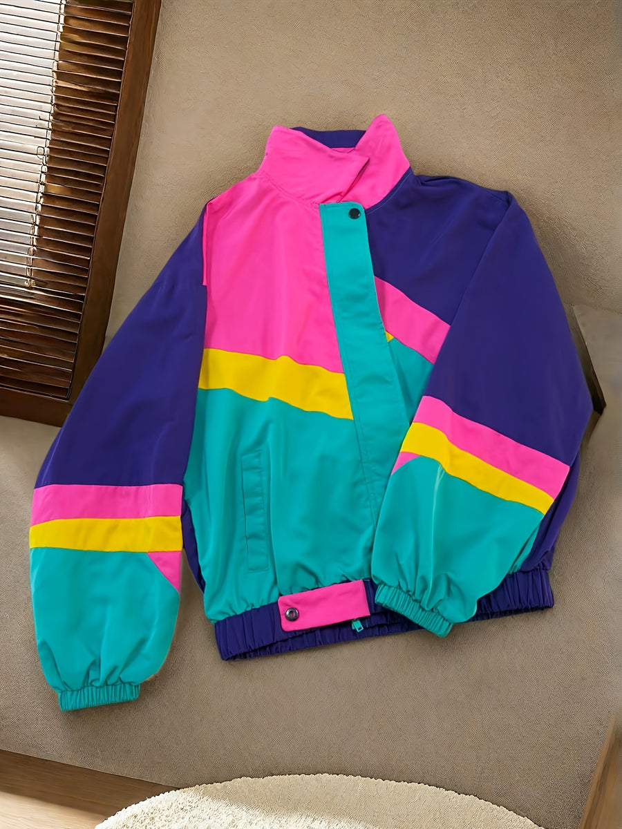 Women'S Casual Color-Block Jacket - Violet Blue