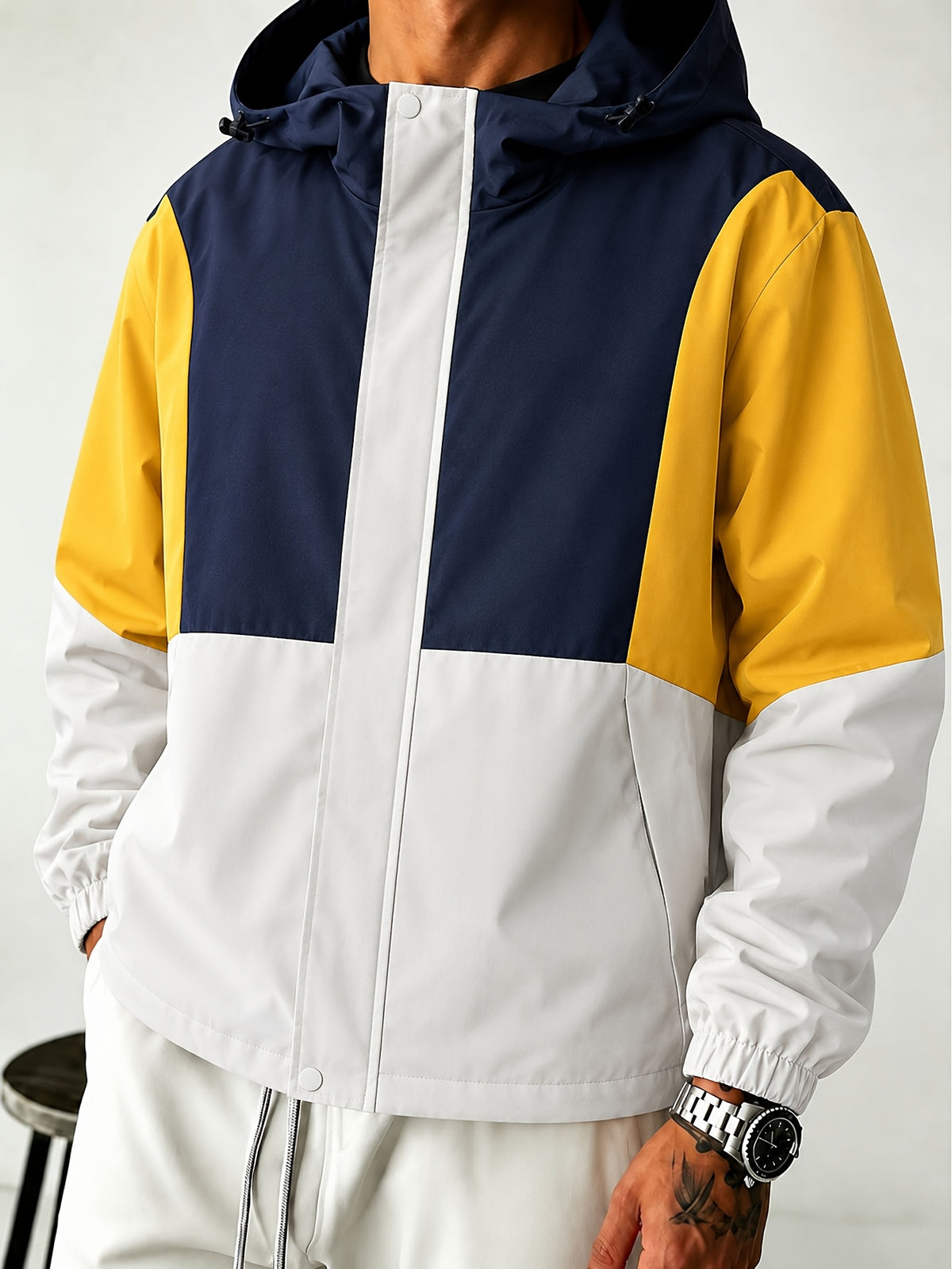Men's Color Block Patchwork Long Sleeve Zip-Front Casual Hooded Jacket, Suitable for Autumn and Winter - Yellow