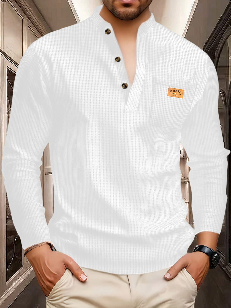 Maqiqi OBM Men's Fashion Waffle Knit Long Sleeve Henley Shirt, Stand Collar Button-Up Top with Chest Pocket and Positioned Printed LOGO, Casual Regular Fit Solid Color Spring/Autumn Daily Top - White