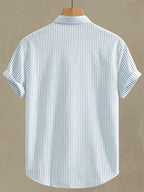 Men's New Style Short-sleeve Shirt with Unique Striped Design and Letter Pattern Print. Made of Lightweight, Breathable Summer Fabric with a Classic Small Stand-up Collar. A Versatile Top for Daily Wear, Commuting, Parties, and Casual Outings. - Light Blue