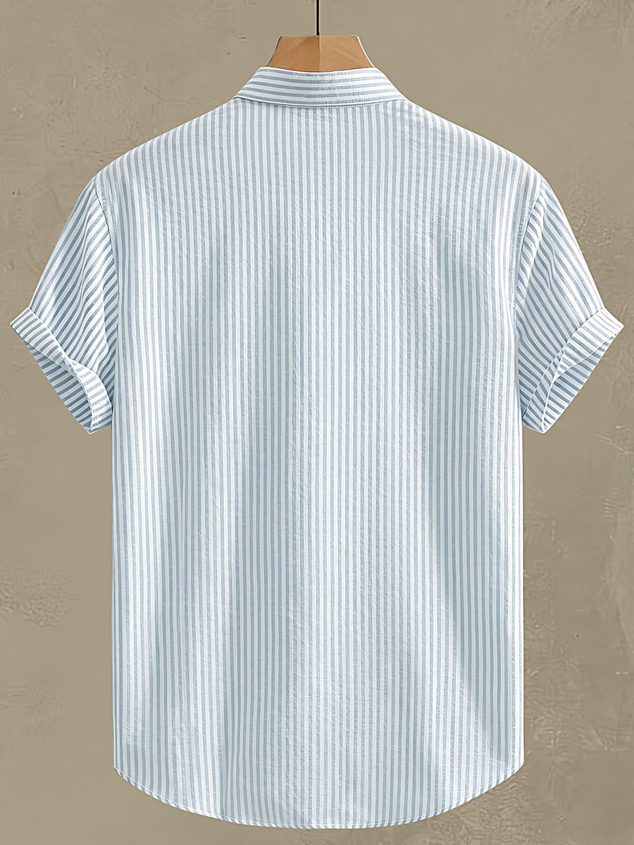 Men's New Style Short-sleeve Shirt with Unique Striped Design and Letter Pattern Print. Made of Lightweight, Breathable Summer Fabric with a Classic Small Stand-up Collar. A Versatile Top for Daily Wear, Commuting, Parties, and Casual Outings. - Light Blue