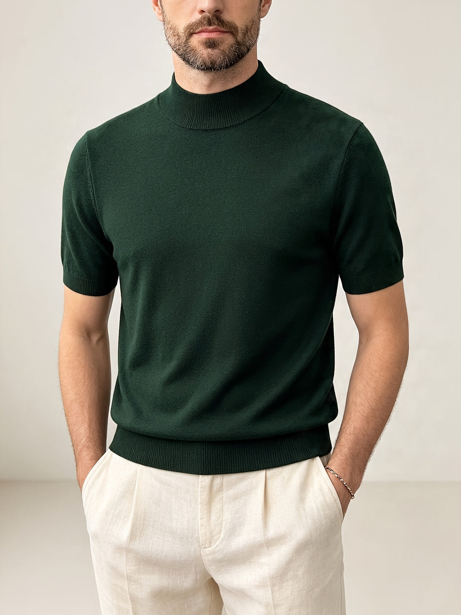 Men's Minimalist Urban Style Half-Turtleneck Short-Sleeve Knit Sweater with Fine Texture, Breathable for Spring/Summer Daily Wear - Dark Green