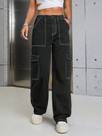 Women'S Autumn And Winter Washed Black Slim-Fit Denim Work Pants - Black