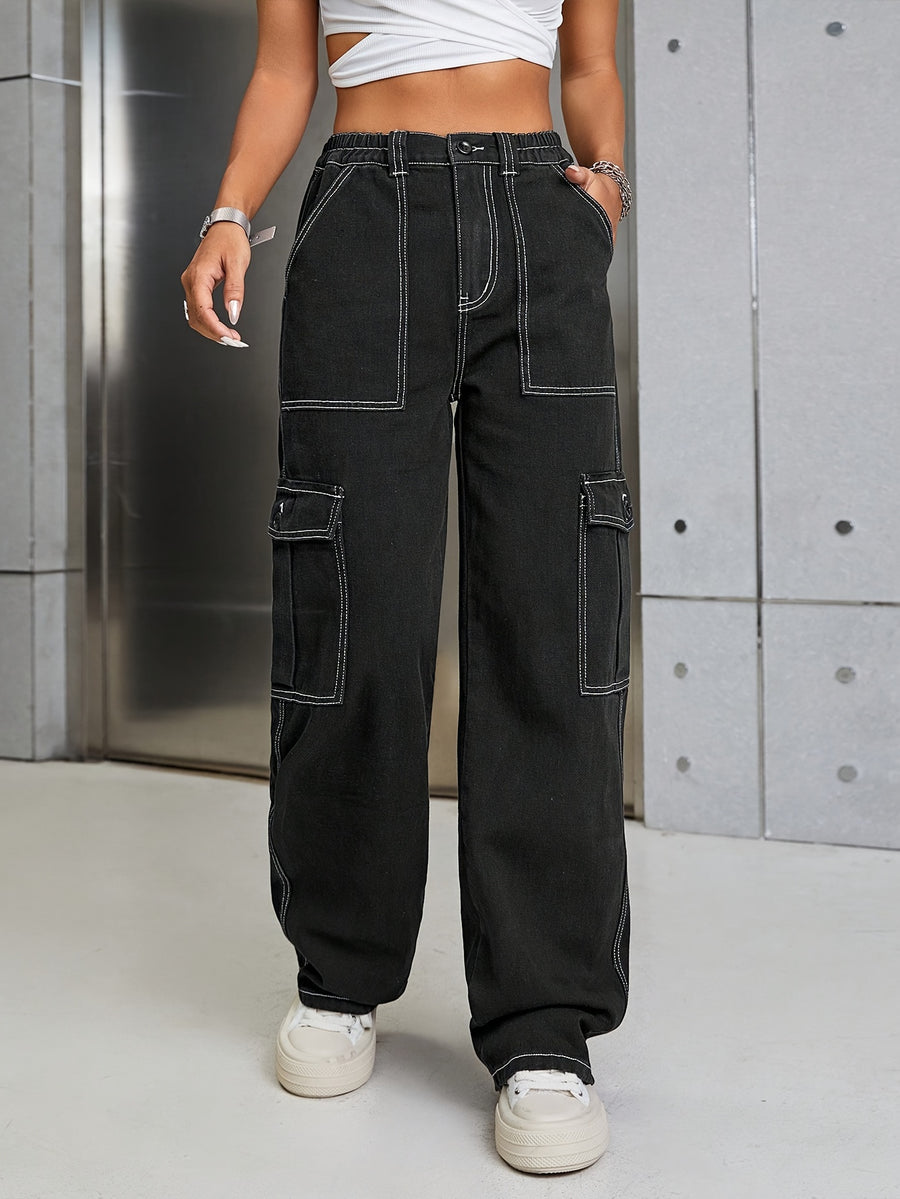 Women'S Autumn And Winter Washed Black Slim-Fit Denim Work Pants - Black