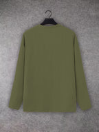 Spring/Autumn Men's Large V-Neck Linen Long Sleeve Shirt, a Versatile and Basic Men's Long Sleeve Top, Featuring a Casual and Comfortable V-neck Design, Suitable for Daily and Casual Wear - Military Green