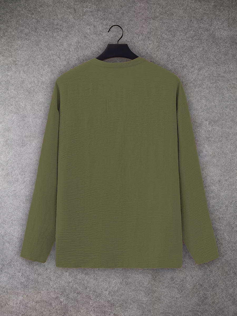 Spring/Autumn Men's Large V-Neck Linen Long Sleeve Shirt, a Versatile and Basic Men's Long Sleeve Top, Featuring a Casual and Comfortable V-neck Design, Suitable for Daily and Casual Wear - Military Green