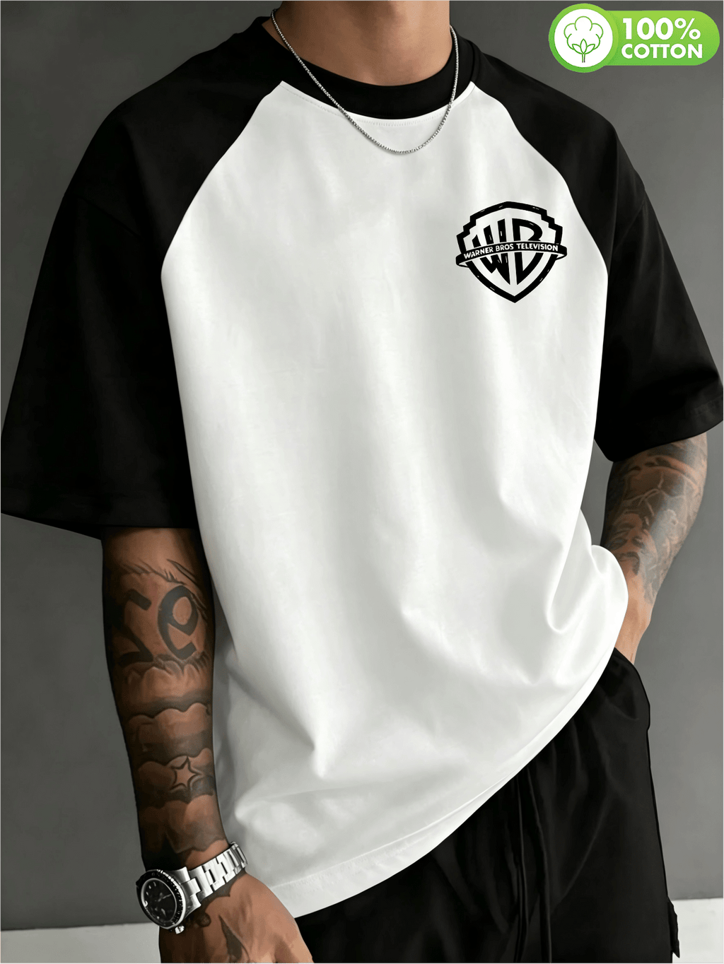 Authorized by WB Warner, Men'S Color-Block Raglan Sleeve Crew Neck T-Shirt, 100%, Hand-Painted Texture Warner Brothers Logo Design, Men'S Casual Sports Versatile T-Shirt, Suitable for Daily Wear, Outdoor Sports, And Parties - White Fight Black
