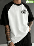 Authorized by WB Warner, Men'S Color-Block Raglan Sleeve Crew Neck T-Shirt, 100%, Hand-Painted Texture Warner Brothers Logo Design, Men'S Casual Sports Versatile T-Shirt, Suitable for Daily Wear, Outdoor Sports, And Parties - White Fight Black