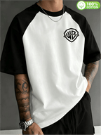 Authorized by WB Warner, Men'S Color-Block Raglan Sleeve Crew Neck T-Shirt, 100%, Hand-Painted Texture Warner Brothers Logo Design, Men'S Casual Sports Versatile T-Shirt, Suitable for Daily Wear, Outdoor Sports, And Parties - White Fight Black