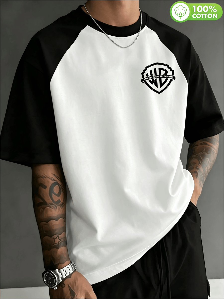 Authorized by WB Warner, Men'S Color-Block Raglan Sleeve Crew Neck T-Shirt, 100%, Hand-Painted Texture Warner Brothers Logo Design, Men'S Casual Sports Versatile T-Shirt, Suitable for Daily Wear, Outdoor Sports, And Parties - White Fight Black