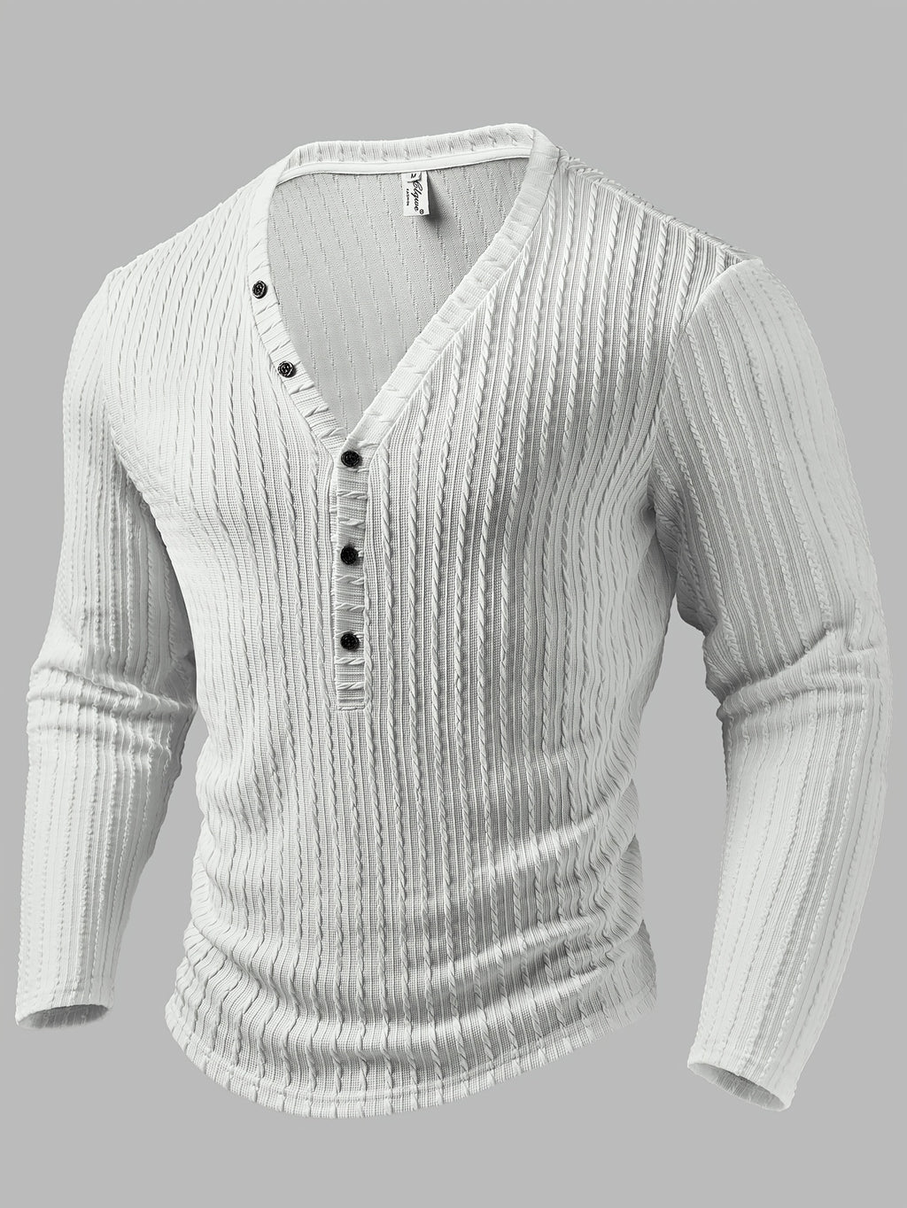 Men'S Fashion Men'S Top, Autumn Winter Outdoor Casual Fashion Men'S Wear, Solid Texture Jacquard Fabric V-Neck Single-Button Long Sleeve Men'S Henley Shirt - White