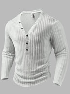 Men'S Fashion Men'S Top, Autumn Winter Outdoor Casual Fashion Men'S Wear, Solid Texture Jacquard Fabric V-Neck Single-Button Long Sleeve Men'S Henley Shirt - White