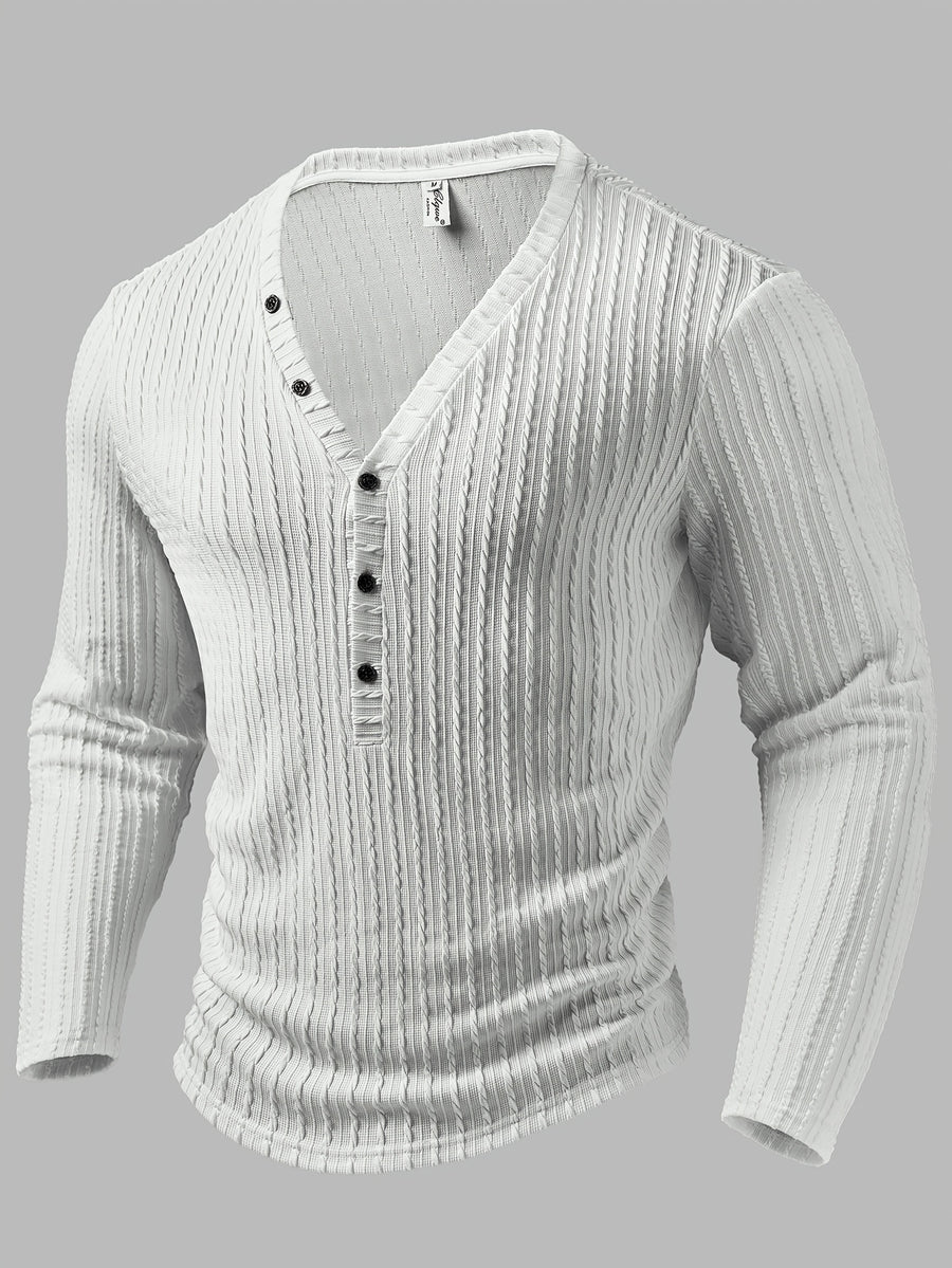 Men'S Fashion Men'S Top, Autumn Winter Outdoor Casual Fashion Men'S Wear, Solid Texture Jacquard Fabric V-Neck Single-Button Long Sleeve Men'S Henley Shirt - White
