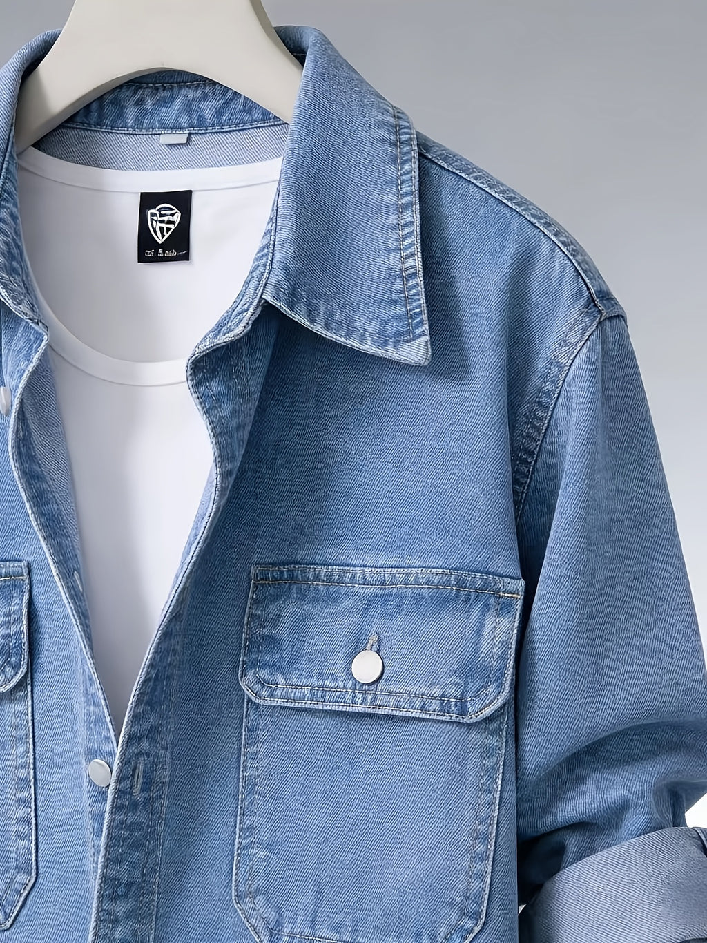 Spring/Autumn Men's Loose-Fit Streetwear Style Cool and Handsome Long-Sleeve Denim Shirt with American-Style Jacket Outer, 2pcs Set - Nostalgia + Light Blue