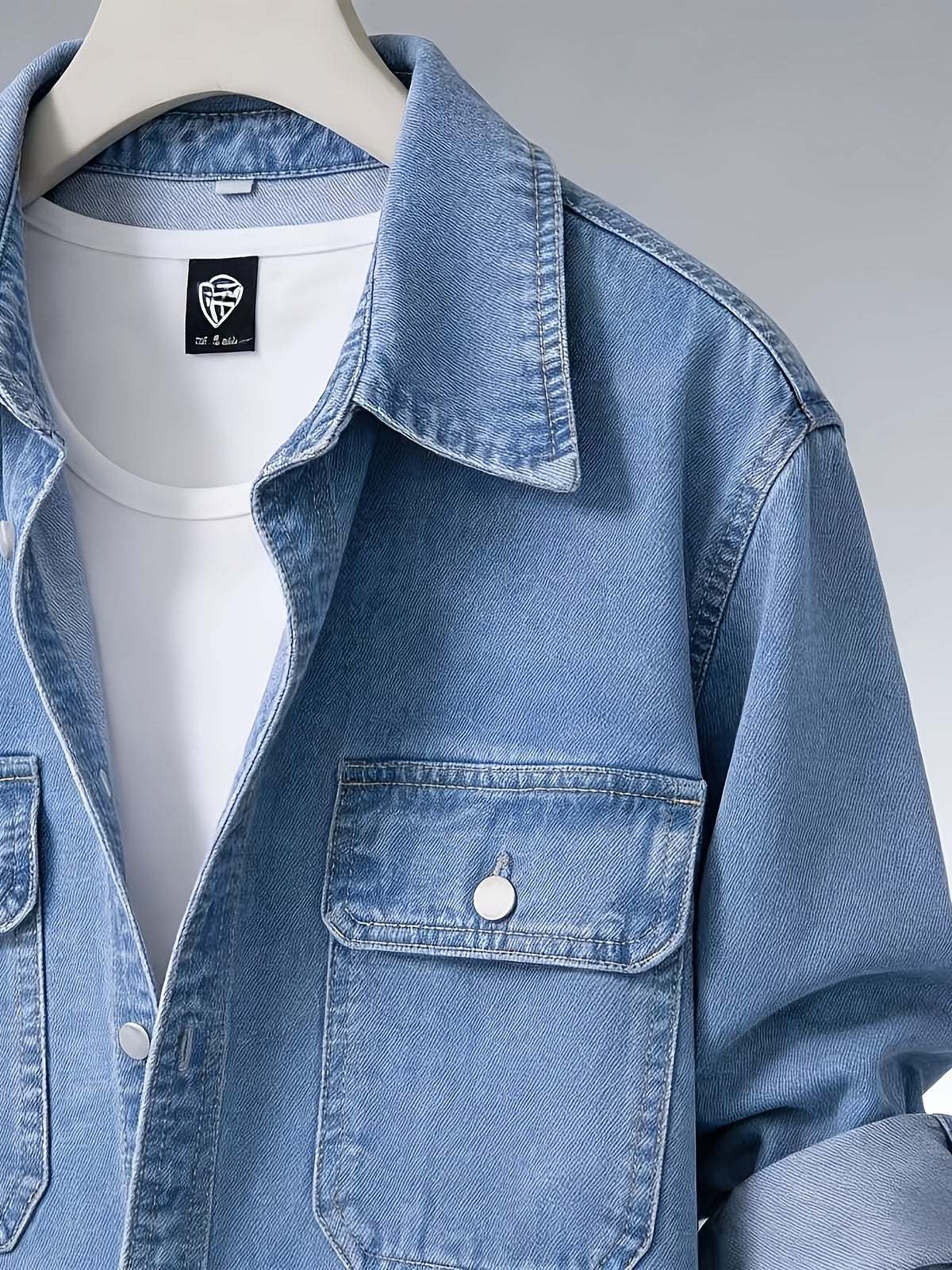 Spring/Autumn Men's Loose-Fit Streetwear Style Cool and Handsome Long-Sleeve Denim Shirt with American-Style Jacket Outer, 2pcs Set - Nostalgia + Light Blue