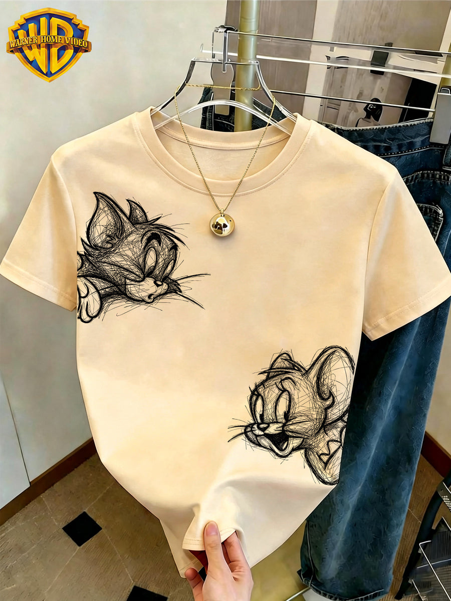 WB Women's Warner Bros. Licensed Two-Cartoon T-Shirt - Messy Sketch Line Print Crew Neck Short-Sleeve Top with Iconic WB Suitable for Casual Daily Wear,, Office & Outfits - Apricot