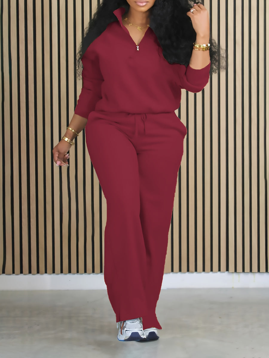Women'S Solid Color Two-Piece Casual Long Sleeve Front Zipper Hoodie with Drawstring Straight Leg Pants Outfit - Burgundy