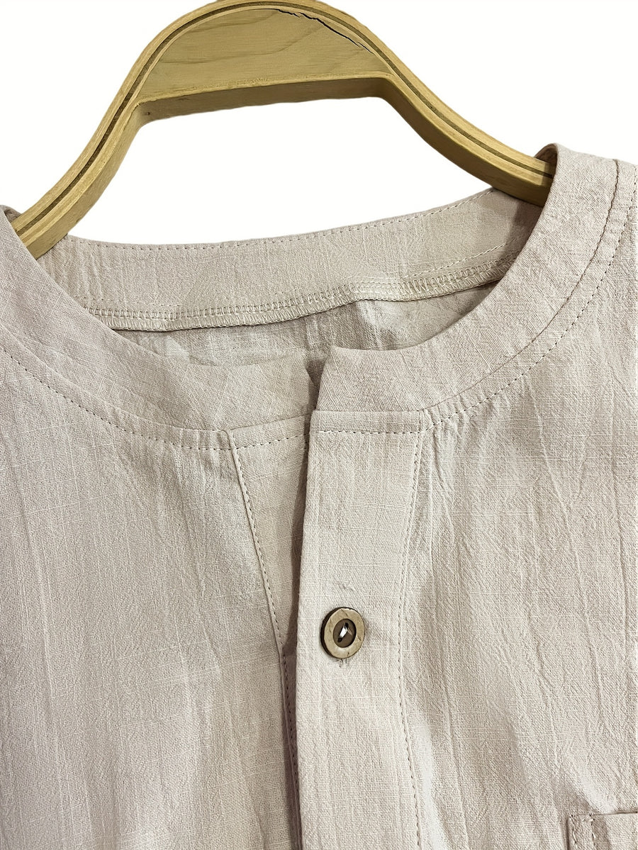 Men's Casual Top - Long-sleeve Button- Shirt with Small Pocket, Stylish and Casual, Suitable for Autumn Wear; Lightweight and Breathable Long-length Top, Ideal for Daily Outings, Work, and Spring & Summer Seasons - Khaki