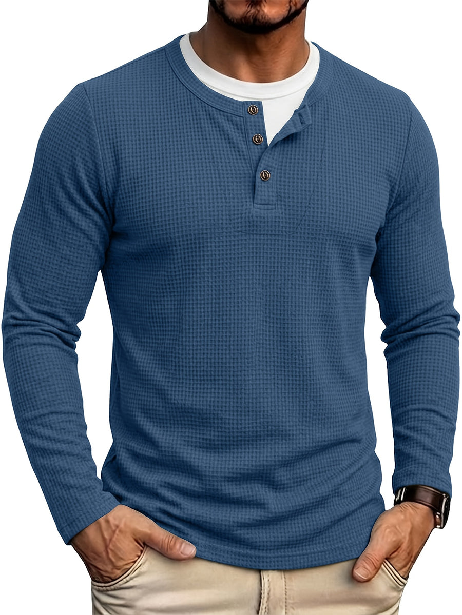 Autumn/Winter Cross-Border Men's Long Sleeve Crew Neck 2-in-1 Look Henley Shirt European and American Men's Pullover Base Layer T-shirt - Blue