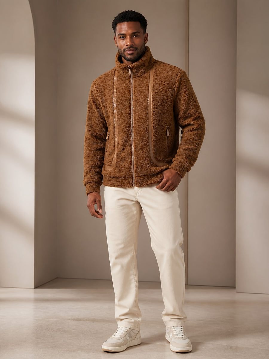 Men's Insulated Jacket, Solid Color Full-zip Stand-up Collar -lined Outerwear with Zippered Pockets, Contrast-color Trim, and Ribbed Cuffs and Hem; a Casual Jacket Suitable for Home, Daily, and Outdoor Wear, Appropriate for Spring - Camel