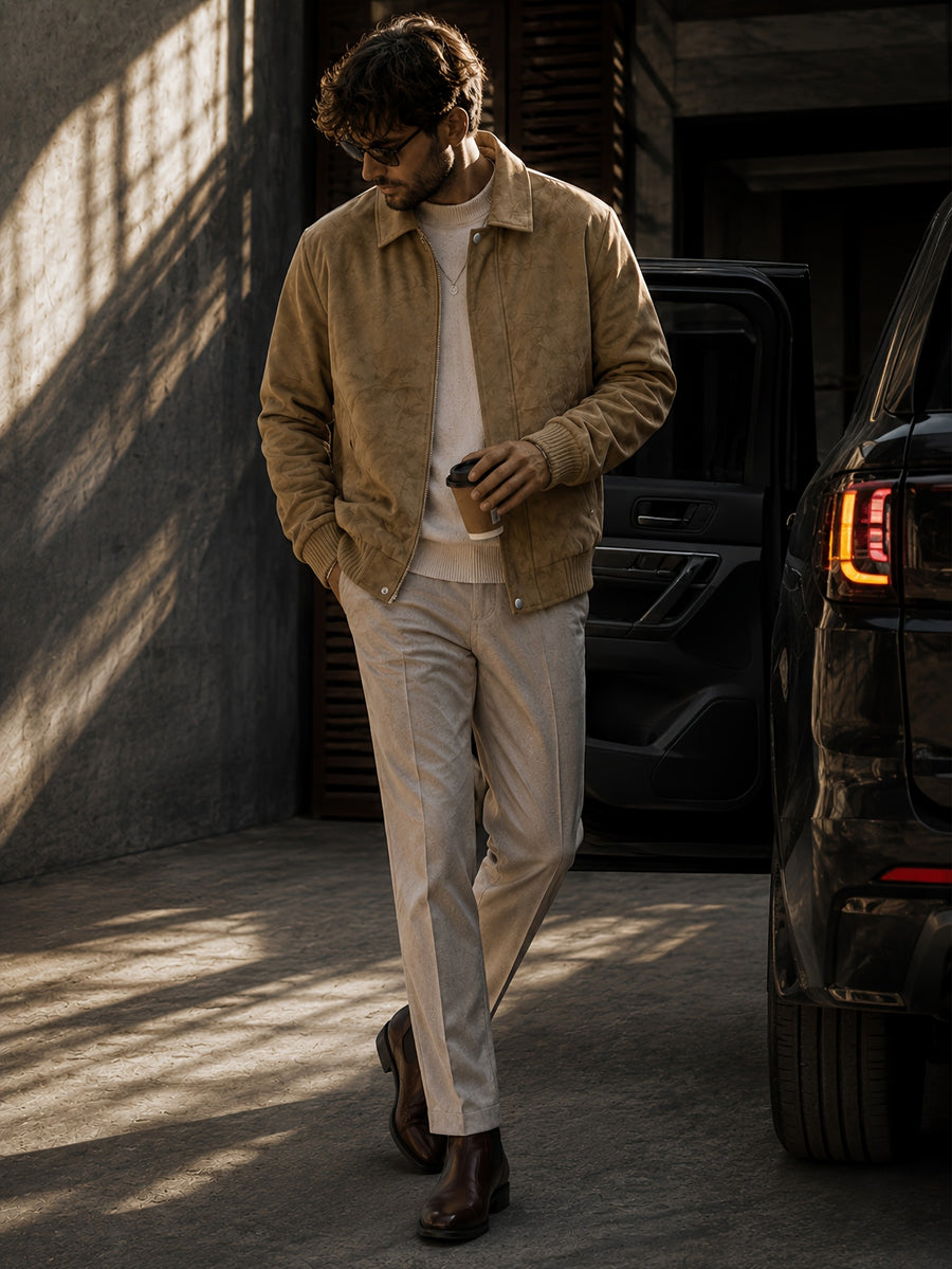 Men'S Autumn Winter Thickened PU Material Jacket, Retro Lapel Fleece-Lined Jacket, Loose Commuter All-Match Cargo Top, Windproof And Anti-Deformation, Autumn Winter Style, Travel Outdoor Wear - Khaki Plus Fleece