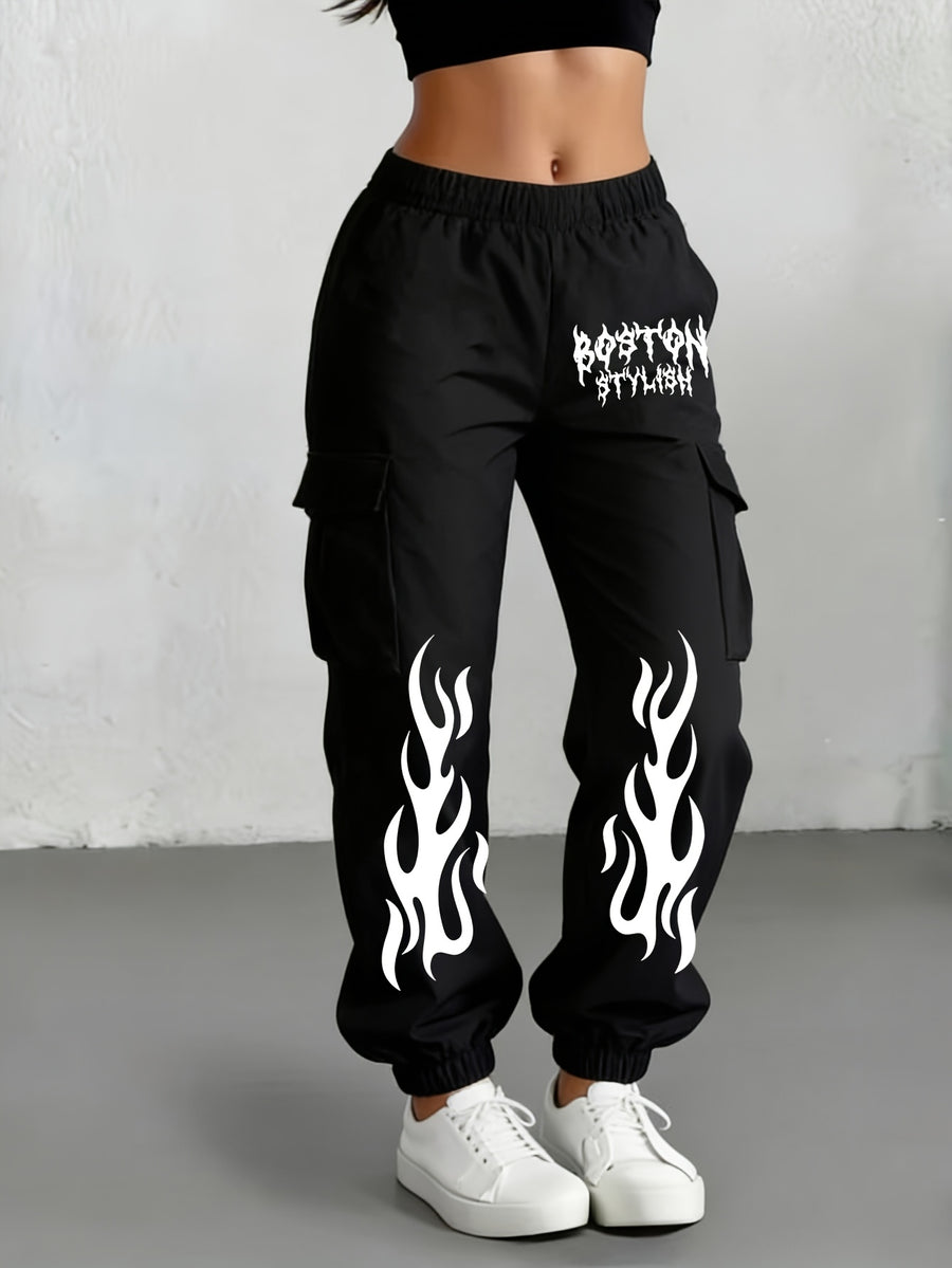 Millennial Y2K Cargo Pants for Women, Loose Flame Print Trousers, Retro Gothic Street Style with Elastic Waist And Ankle Cincher, Hip-Hop Hot Baggy Long Pants, Casual All-Match Bottoms - Black