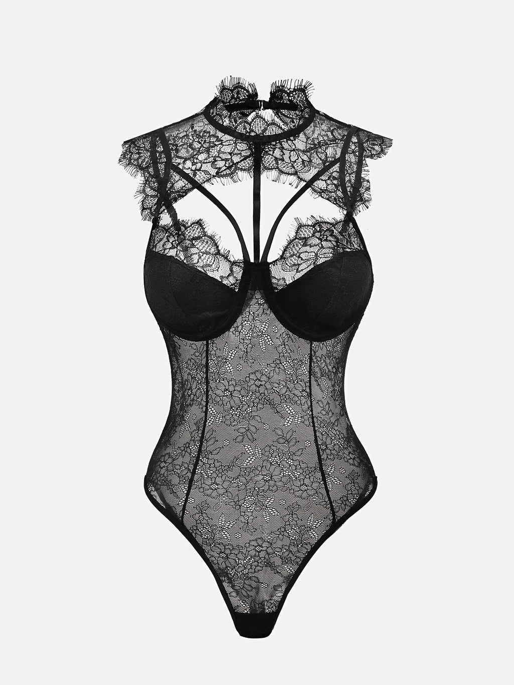 Sexy Crew Neck Hollow Out Lace Eyelash Bodysuit for Women - Black