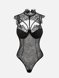 Sexy Crew Neck Hollow Out Lace Eyelash Bodysuit for Women - Black