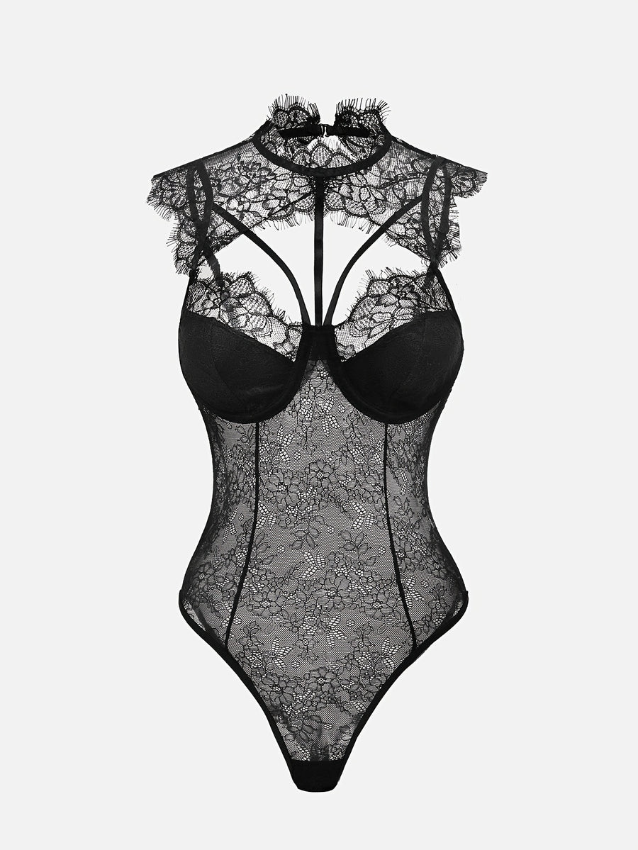 Sexy Crew Neck Hollow Out Lace Eyelash Bodysuit for Women - Black