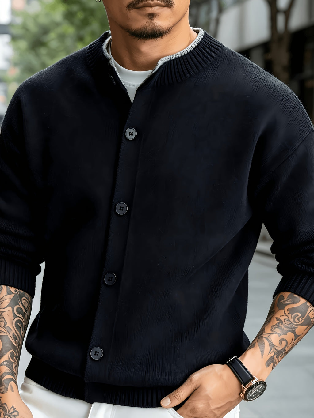 Men's New Spring/Autumn Solid Color Long-Sleeve Knit Cardigan with Contrast Color Stand Collar and Single-Breasted Buttons, Urban Street Style Casual Textured Top, Versatile Commuter Wear for Mature Young Men - Black