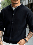 Men's New Spring/Autumn Solid Color Long-Sleeve Knit Cardigan with Contrast Color Stand Collar and Single-Breasted Buttons, Urban Street Style Casual Textured Top, Versatile Commuter Wear for Mature Young Men - Black