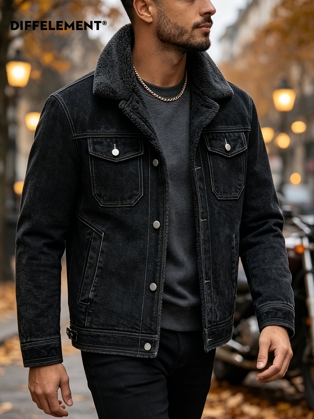 Men's Lapel Denim Jacket, Thickened for Warmth and Windproof, Vintage Versatile Style, Washed Denim Fabric with Fleece Lining and Topstitching, Casual Straight Cut Single-Breasted Lapel Design, for Autumn/Winter Daily Commuting and Streetwear - Deep Grey