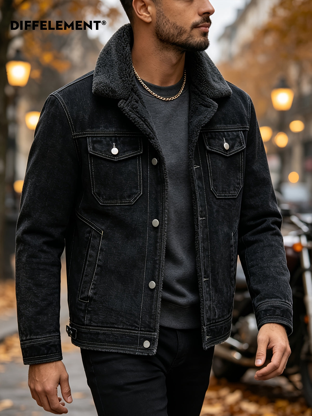Men's Lapel Denim Jacket, Thickened for Warmth and Windproof, Vintage Versatile Style, Washed Denim Fabric with Fleece Lining and Topstitching, Casual Straight Cut Single-Breasted Lapel Design, for Autumn/Winter Daily Commuting and Streetwear - Deep Grey