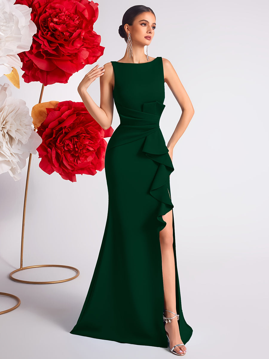 2025 Solid Color High Waist Pleated Ruffle Trim Slit Backless Prom Party Evening Gown Dress - Dark Green