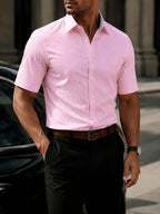 5pcs Men'S Pinstripe Short Sleeve Dress Shirt, Non-Iron Wrinkle-Free Comfortable, Fashionable Casual Short Sleeve Shirt, Comfortable Fabric, Outdoor Commute Party Wear, Comfortable to Wear, Essential Wardrobe Item - Sky Blue Gray Green Light Pink Dark Pink