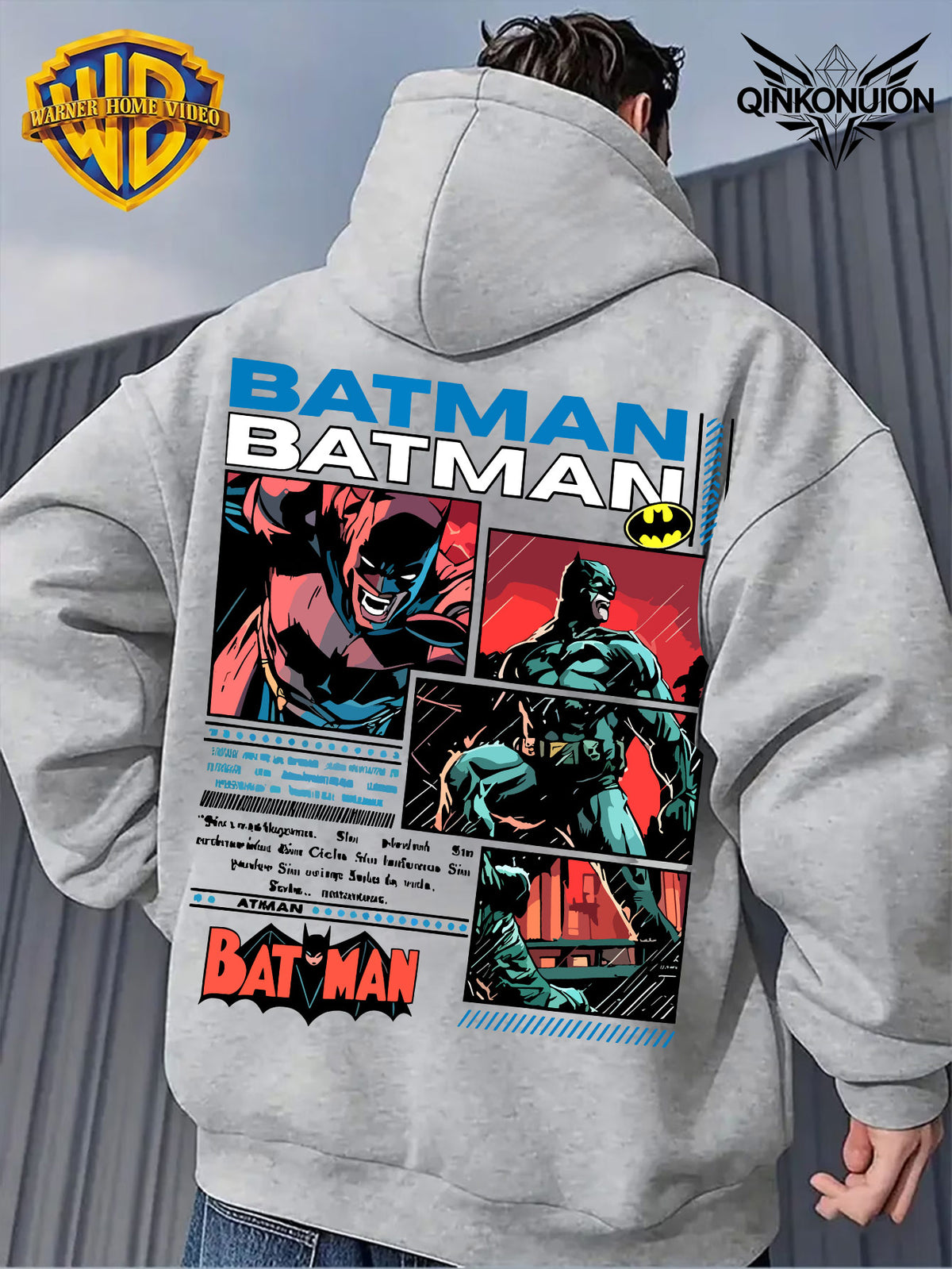 Warner Official Men'S Retro Comic Style Batman Hot-Blooded Trendy Printed Drawstring Hoodie, Warm And Machine Washable for Autumn And Winter, Multifunctional Street Sports And Leisure Loose Edition - Light Grey