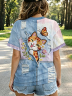 [Printed Pants - Not Denim Fabric] 2026 Summer/Autumn New Standard Size Women's Imitation Denim Faux Embroidery Cat Print Short Sleeve T-Shirt, Soft and Cute Casual Style, Suitable for Home, Leisure, and Commuting in Multiple Scenarios - Multicolor