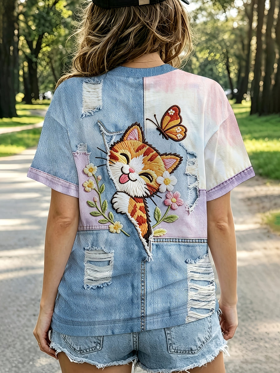 [Printed Pants - Not Denim Fabric] 2026 Summer/Autumn New Standard Size Women's Imitation Denim Faux Embroidery Cat Print Short Sleeve T-Shirt, Soft and Cute Casual Style, Suitable for Home, Leisure, and Commuting in Multiple Scenarios - Multicolor
