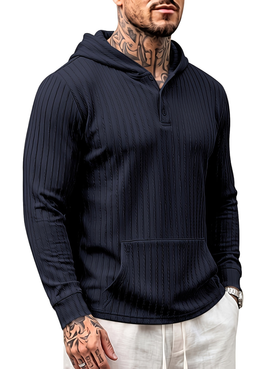 New Men'S Textured Jacquard Hooded Sweatshirt, Henley Button-Front Pouch Kangaroo Pocket Loose Stretch Long Sleeve Casual Top - Navy Color