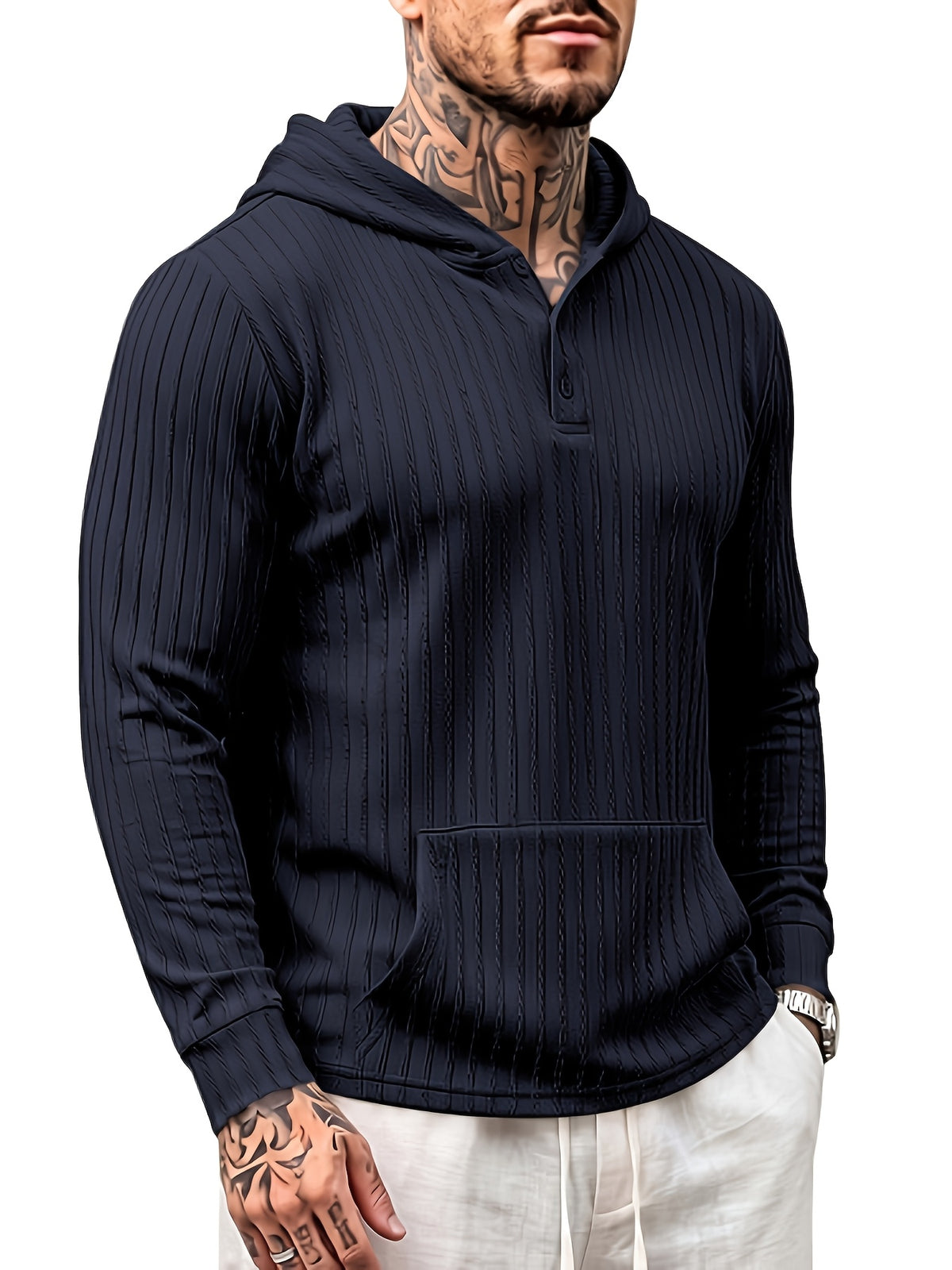 New Men'S Textured Jacquard Hooded Sweatshirt, Henley Button-Front Pouch Kangaroo Pocket Loose Stretch Long Sleeve Casual Top - Navy Color
