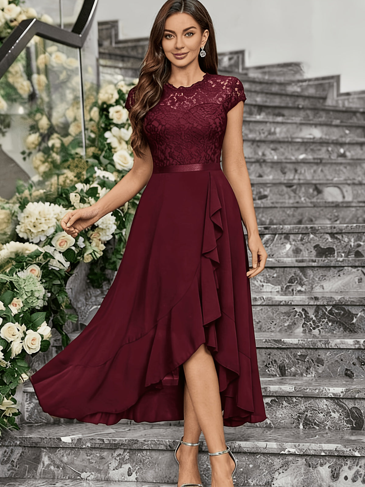 Global Latest Style French Christmas Exclusive Women'S Wear Elegant Dress Slim Lace Hollow Out Patchwork Solid Color No Print Wedding Guest Outfit Short Sleeve Round Neck Dress - Deep Red