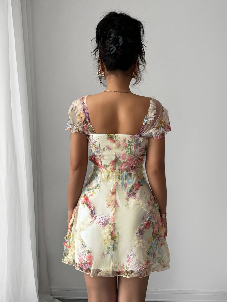 Elegant Temperament for Ladies, New Spring And Summer Styles, Mesh Stitching Textured Fabric, Slim Fit And Waist, Mini Dress. Romantic Vacation, Dress, Wedding Season, Valentine'S Day Outfit - Apricot