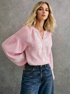 French-style Embroidered Ethnic-inspired Double-layer Breathable Fabric Long-sleeve Shirt, Offering Ease, Comfort, and Breathability, Perfect for Daily Wear, Commuting, and Vacations - Pink