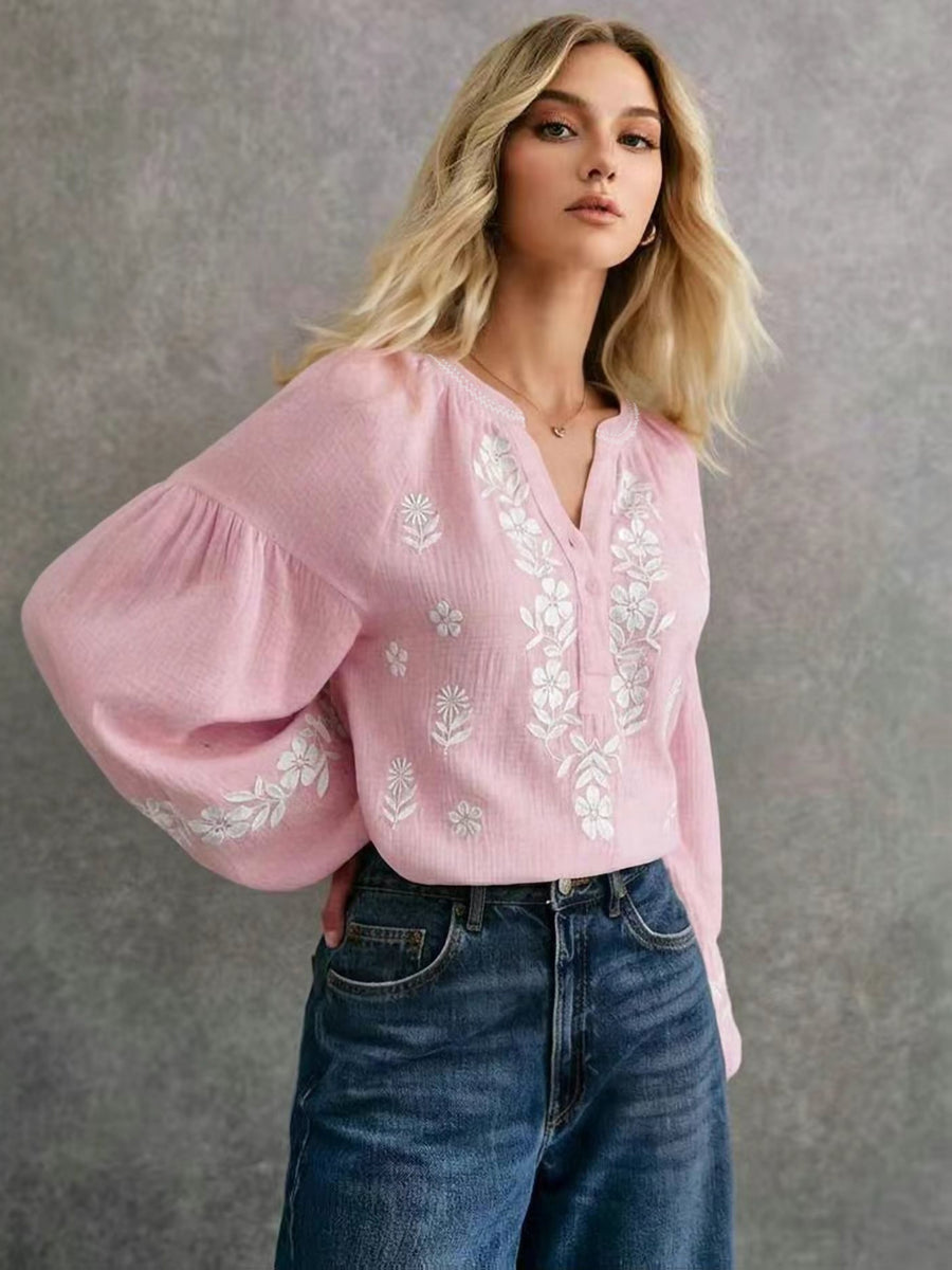 French-style Embroidered Ethnic-inspired Double-layer Breathable Fabric Long-sleeve Shirt, Offering Ease, Comfort, and Breathability, Perfect for Daily Wear, Commuting, and Vacations - Pink