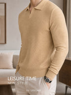 Men's Waffle Textured Long Sleeve Polo Sweater, V Notch Collar Soft Lightweight Knit Pullover, Slim Fit Business Casual Knitted Top for Office Daily Gentlemen Wear - Khaki