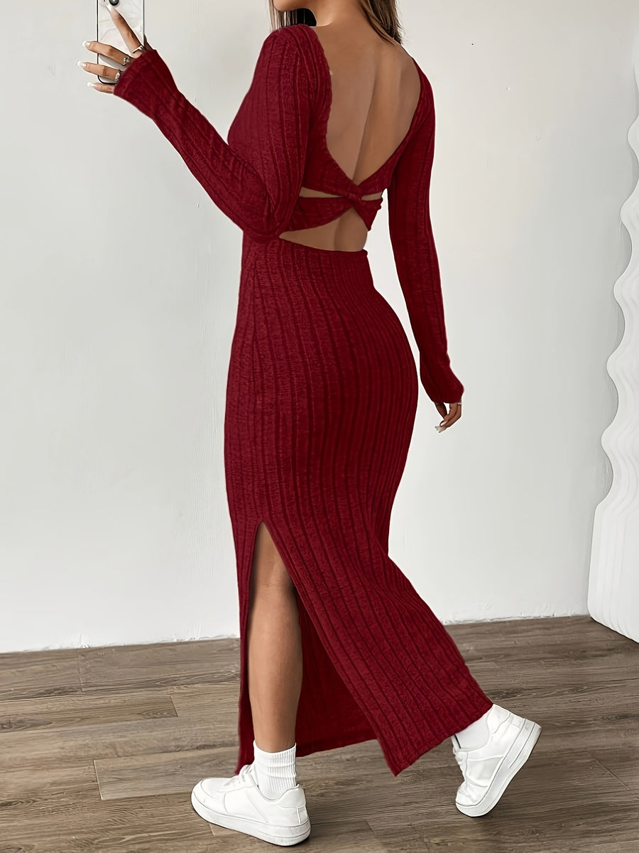 Ribbed Dress, Long-sleeve Tweed Casual Dress - Deep Red
