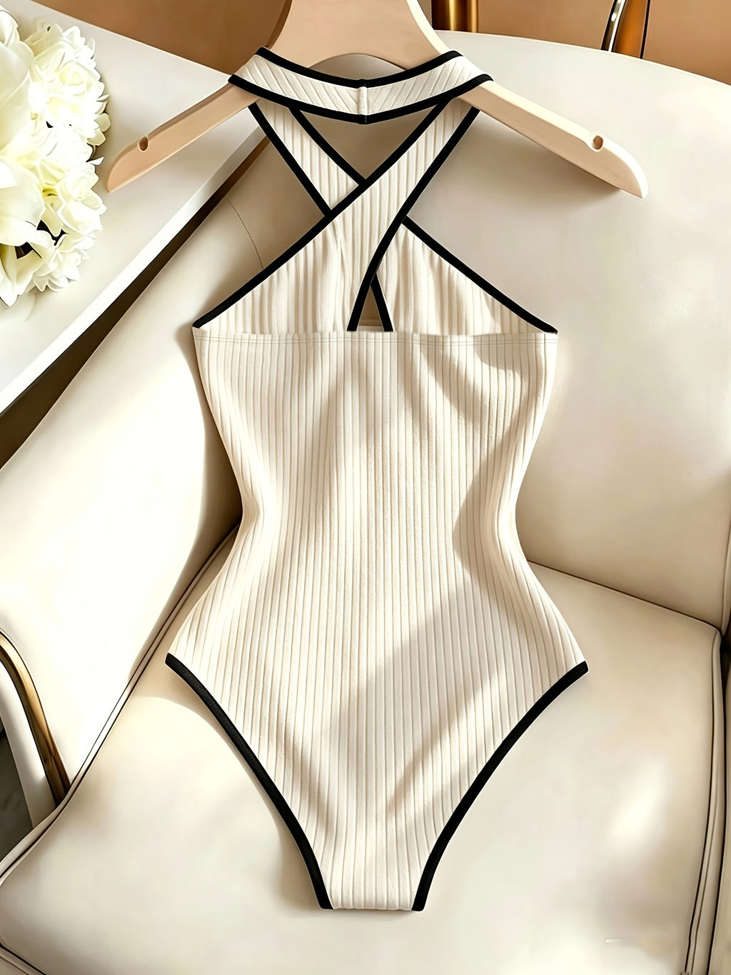 Contrast-color Women's Cross-neck Tie-neck Top with Hidden Snap Fasteners, Form-fitting. Suitable for Vacation Outfits, Women, Fashion Apparel. Ideal for Beach Vacations, Summer Vacation Outfits, Holiday Attire, Women's Holiday Party Gatherings - Apricot